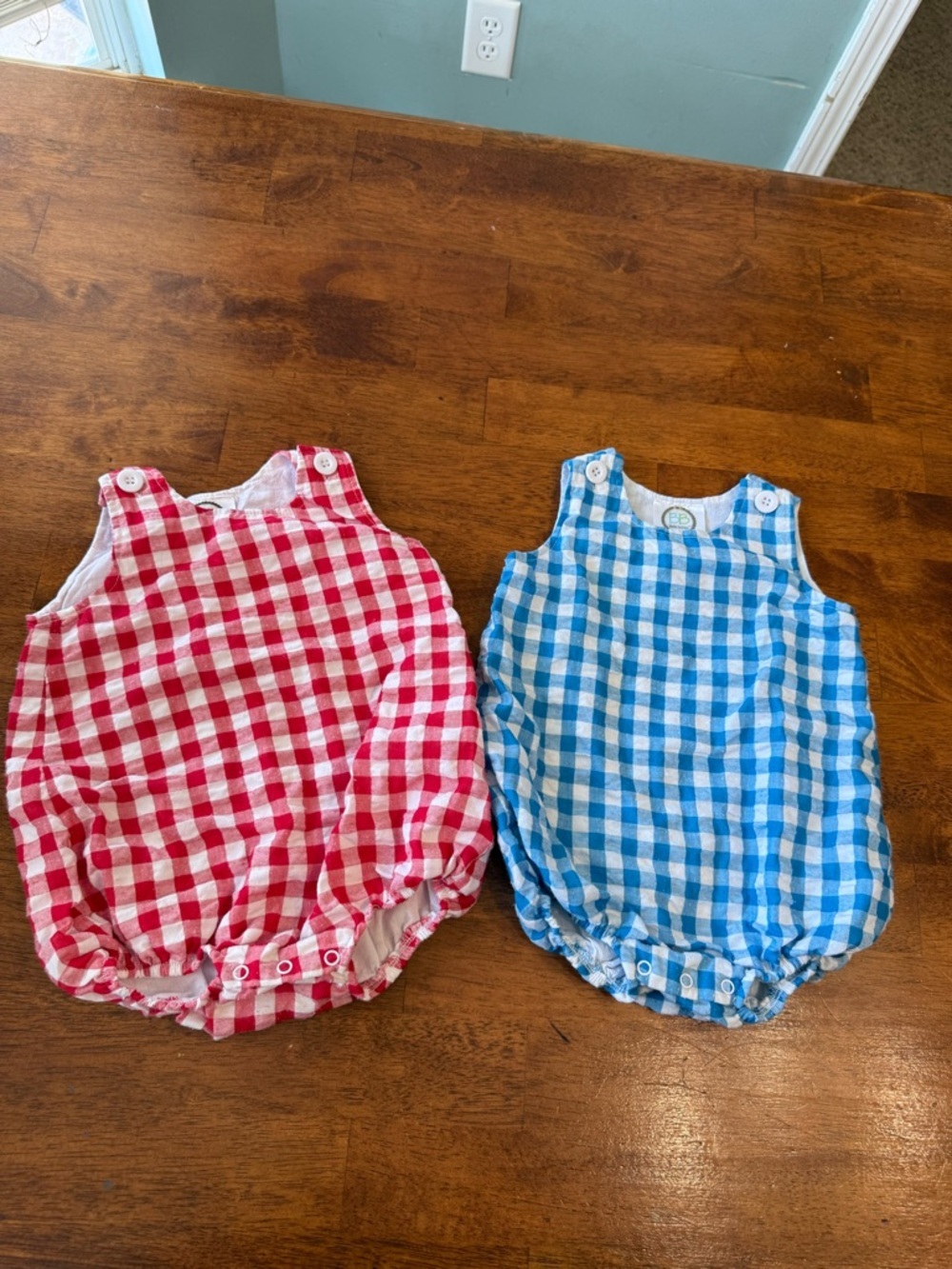 2 Blanks Boutique Gingham Bubble Rompers - Red & Blue 100% cotton patriotic 12M